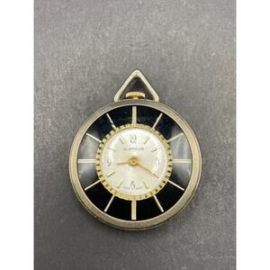 Vtg GLAMOUR Pendant Necklace/Pocket Watch Black Gold Tone Swiss Made